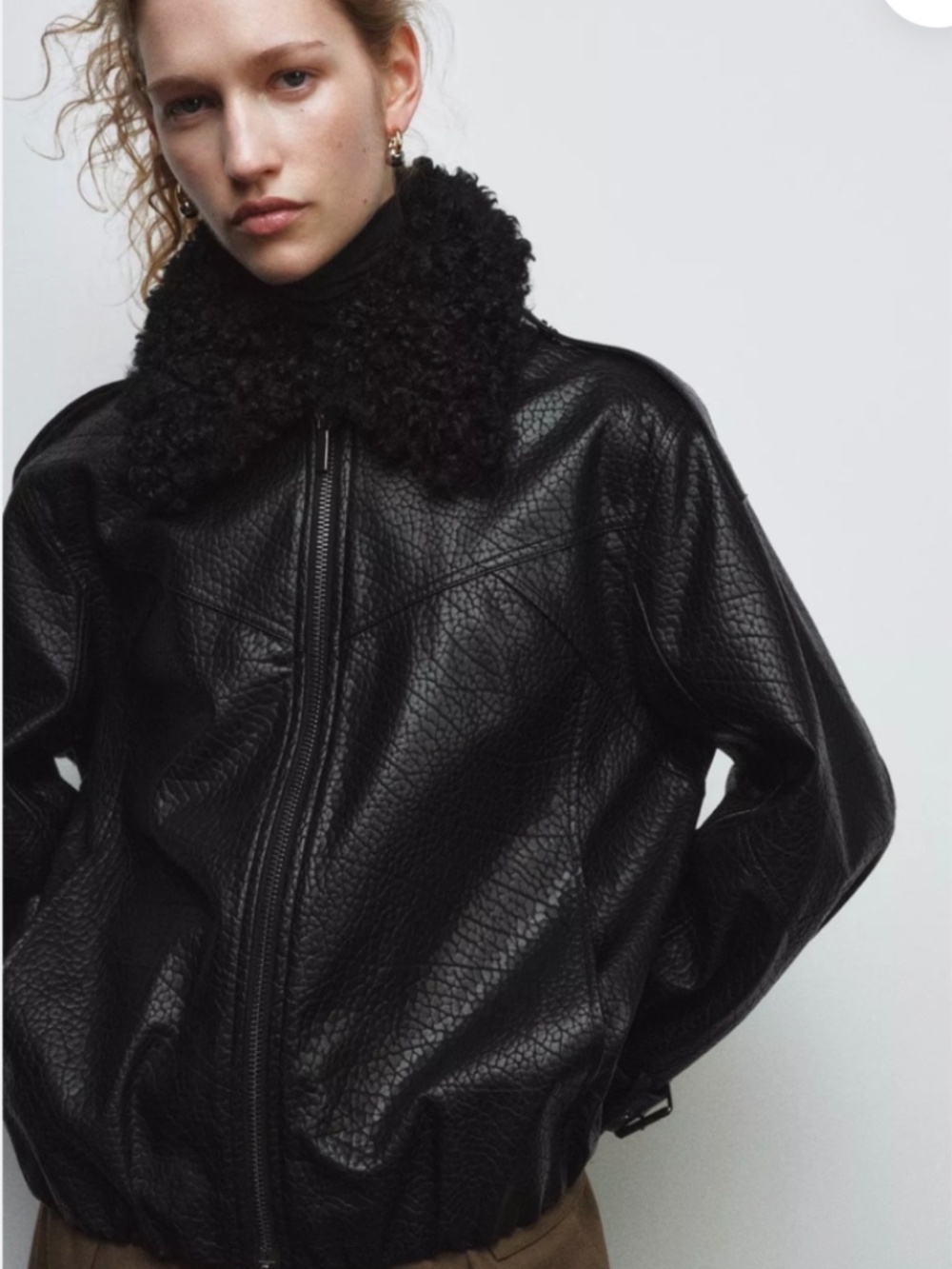 NWT ZARA ZW Collection Black Faux Leather Bomber Jacket Faux Fur Collar S